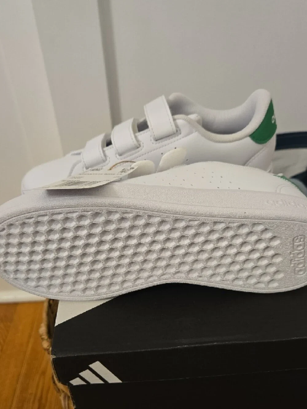 adidas Kids White Sneakers with Green Heel Tab and Velcro Straps
